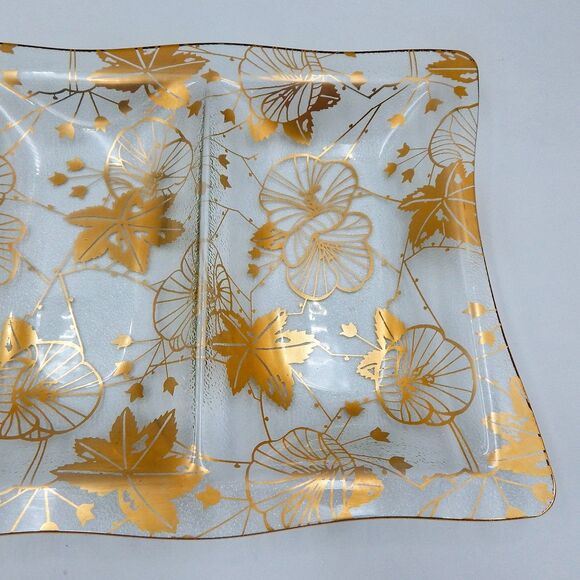 MCM Glass Divided Serving Tray Gold Leaf Graphic Hollywood Regency Unmarked - Picture 3 of 12